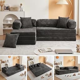 6-in-1 Tri-Folding Mattress | Cloud Boneless L-Shaped Modular Sectional Couches | Corduroy Pet-Friendly Convertible Futon Sofa Bed with 800LB Capacity Apartment