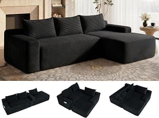 96" Black Oversized Sectional Boneless Deep Seat Couch. Right Face Chaise