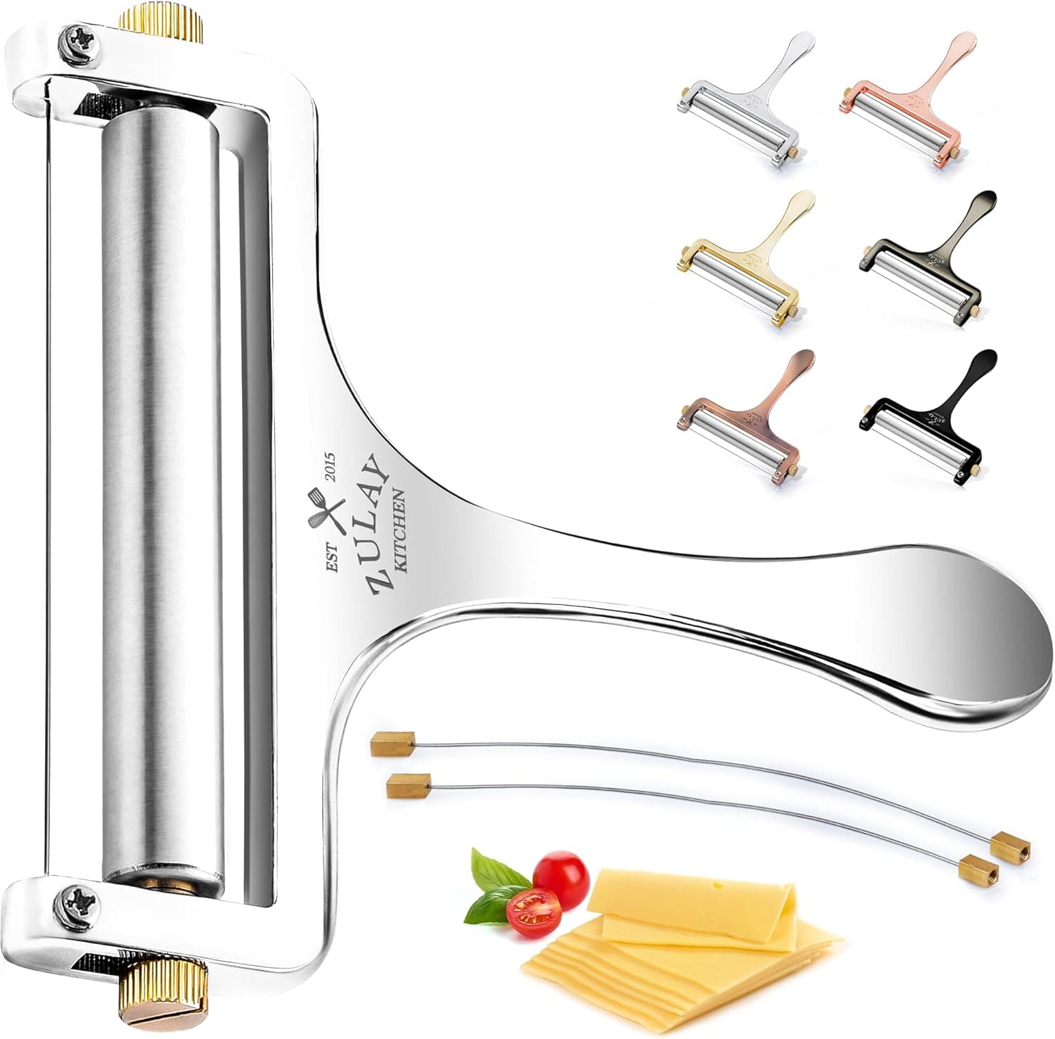 Zulay Kitchen Stainless Steel Wire Cheese Slicer - Adjustable Hand Held Cheese Cutter with 2 Extra Wires - Premium Cheese Knife for Mozzarella