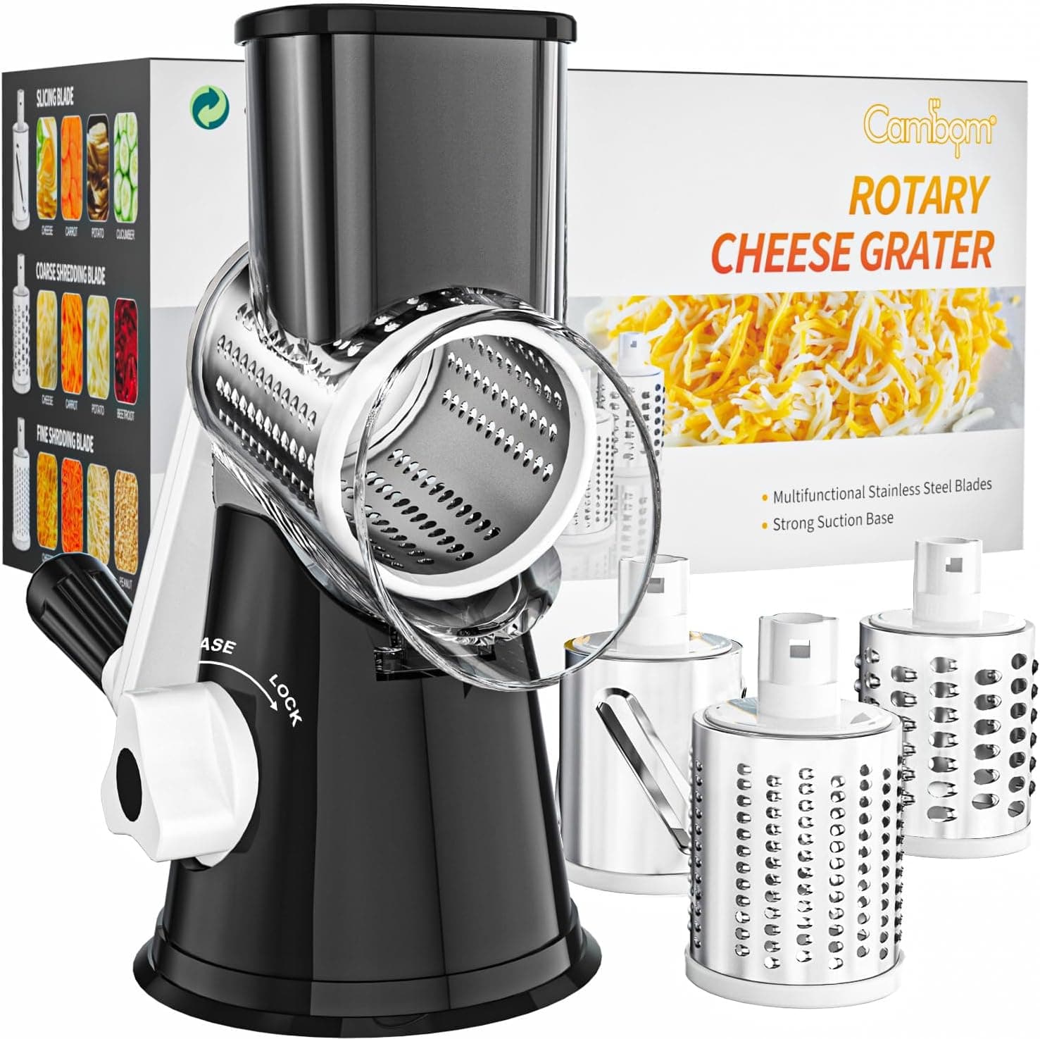 Cambom Rotary Cheese Grater Cheese Shredder - Kitchen Manual Cheese Grater with Handle Vegetable Slicer Nuts Grinder 3 Replaceable Drum Blades and Strong Suction Base Free Cleaning Brush