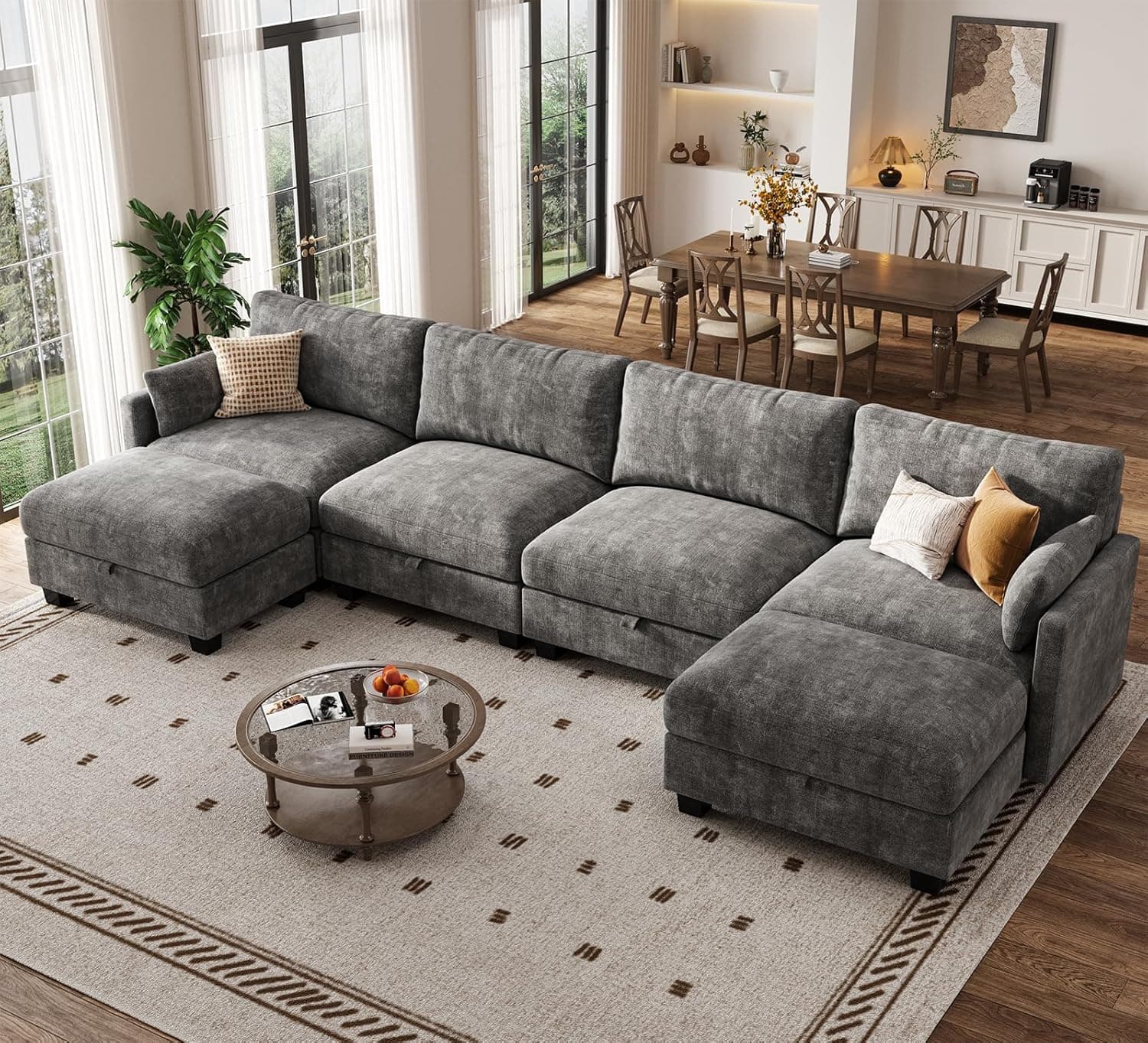 Modular Sectional Sofa, 132" U Shaped Couch with Storage, Chenille