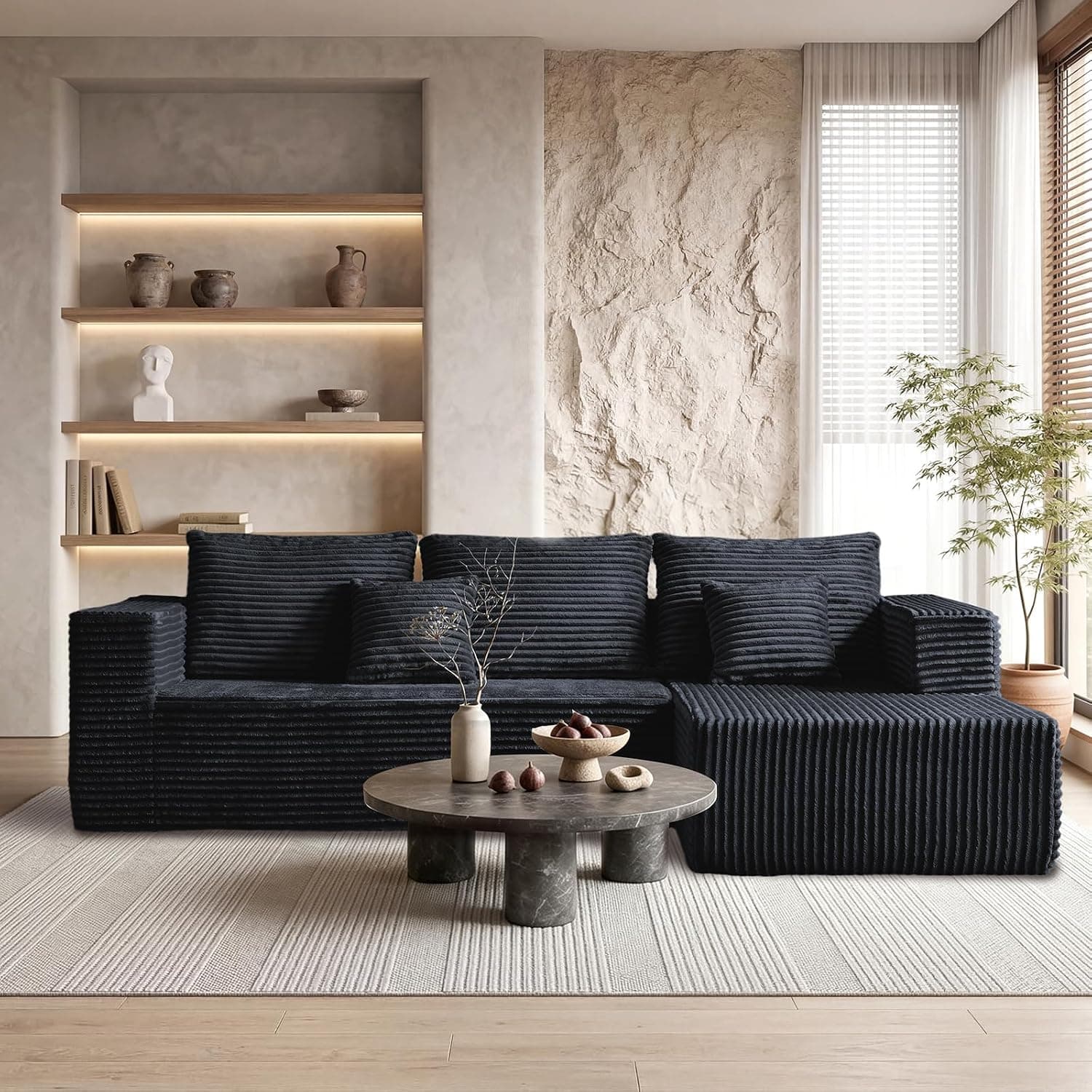 95 Black Corduroy Boneless Modular Sectional Sofa